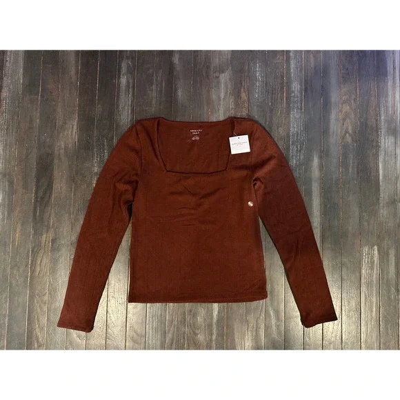 American Eagle Women Ribbed Long Sleeve Square Neck Top NWT Size L - Picture 3 of 4